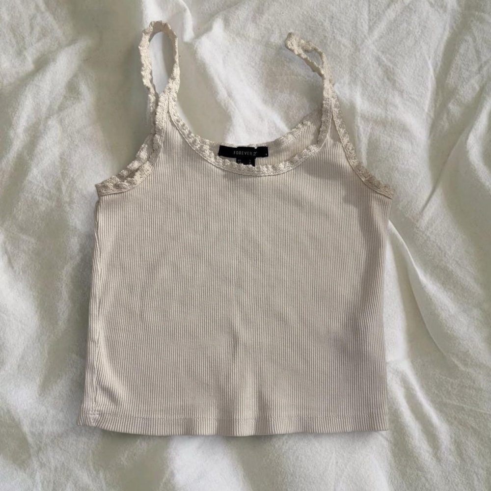 Forever 21 Beige Lace-Trimmed Ribbed Tank